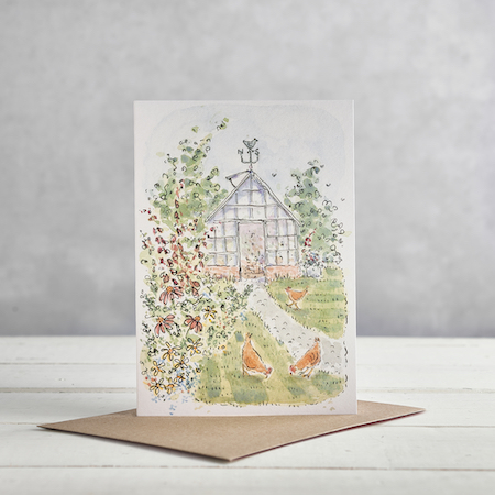 Buy Greenhouse and Chickens Greetings Card from Helen Wiseman Illustration