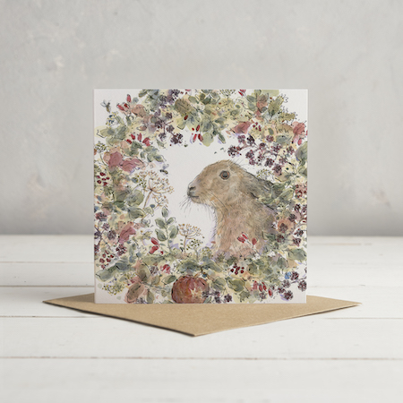 Buy Hare Wreath Greetings Card (Cropped) from Helen Wiseman Illustration