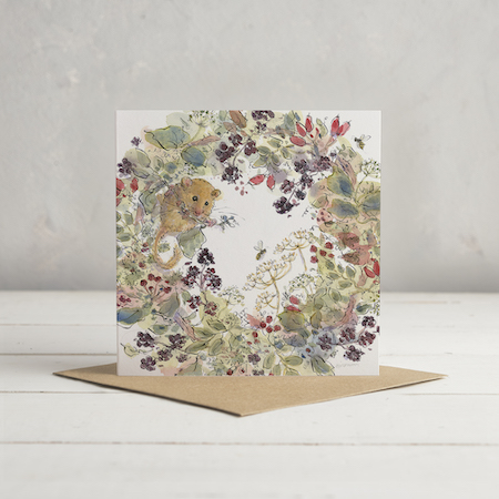 Buy Autumn Dormouse Wreath Greetings Card (cropped) from Helen Wiseman Illustration